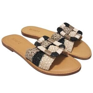 Schutz Women Resin Buckle Flat Slide Sandals Size US 8B Beige / Black Raffia